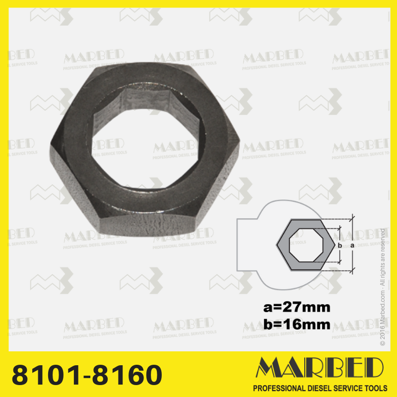 16 mm 8-Punkt-Steckschlüssel (Achteck) für die Düsenmuttern von Common-Rail-Injektoren. 27 mm Sechskantantrieb.
Ähnlich wie Bosch 0 986 610 383.