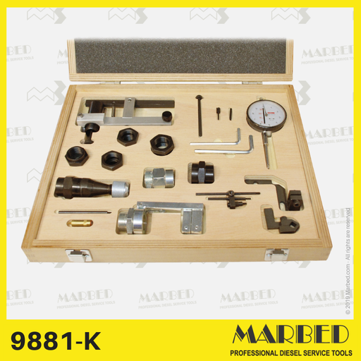 [9881-K] Configuração de suportes especiais, sondas e comparador decimal (em caixa de madeira) para a medição do deslocamento do rack nas bombas em linha.